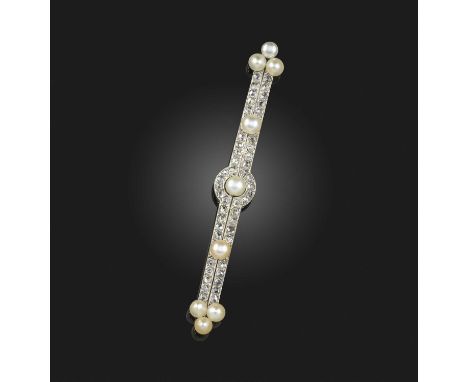 Cartier, an Art Deco natural pearl and diamond brooch, 1920s, of bar design, set with rose-cut diamonds and natural pearls, m