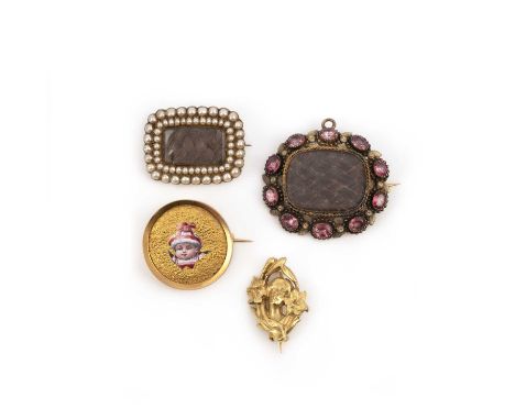 Four brooches, 19th and 20th century, comprising: a brooch of rectangular outline, set with half pearls and centring on a gla
