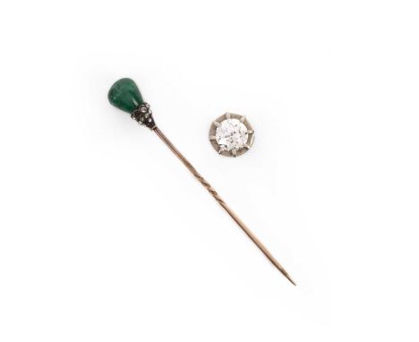 An emerald stick pin and a diamond stud earring, the stick pin capped with a polished emerald and rose-cut diamonds, mounted 