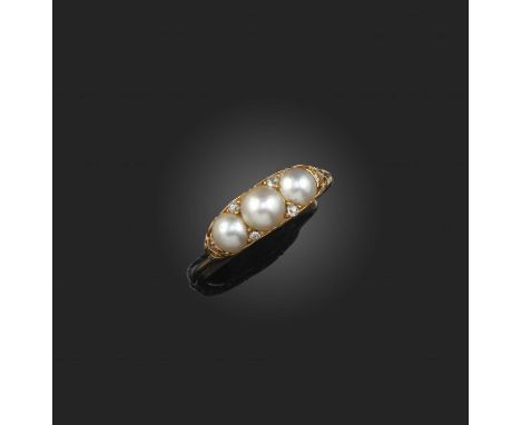 A pearl and diamond ring, late 19th century, set with three half pearls, spaced with cushion-shaped diamonds, to a gold mount