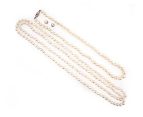 Two cultured pearl necklaces and a pair of cultured pearl and diamond earrings, comprising: a pair of cultured pearl and diam