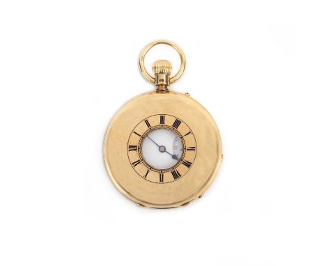 An 18ct gold half hunting cased stem wind pocket watch by Lauder Rowe and Co, Birmingham, outer chapter ring with blue enamel