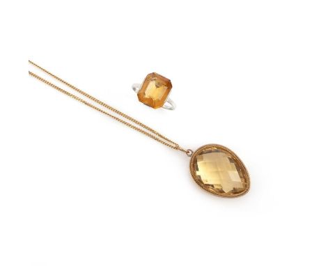 A citrine ring and pendant, the pendant set with a pear-shaped mixed cut citrine within a gold collet, to a gold chain, penda