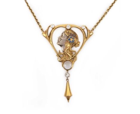 A gold, moonstone and diamond pendant necklace, designed in the Art Nouveau style, depicting a woman in profile within a sinu