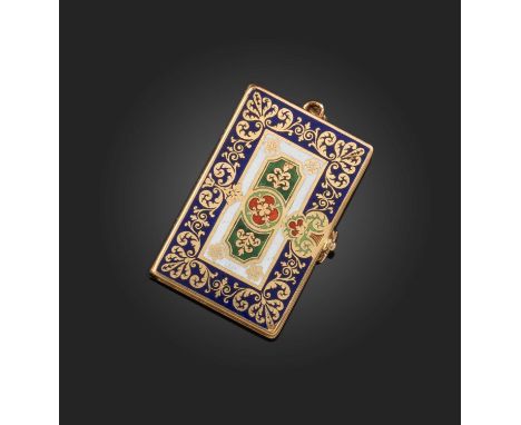 A gold and enamel locket pendant, France, circa 1819-1838, designed as a book, its front and back covers applied with red, wh