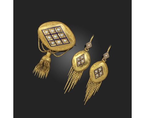 A gold, enamel and pearl demi-parure, mid 19th century, comprising: a brooch, of oval outline decorated with foliate scrollwo