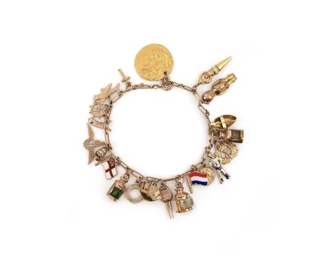 A charm bracelet, mid 20th century, the bracelet of elongated gold linking, suspending a series of 21 charms including a high