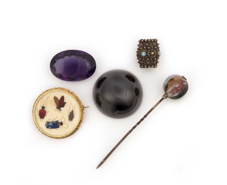 A collection of jewels, comprising: a large cabochon garnet, hollowed to the reverse, approximately 3.5 x 3.5 x 1.6cm, approx