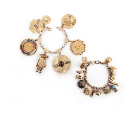 Two gold charm bracelets, mid 20th century, comprising: a charm bracelet composed of heart-shaped linking spaced with culture