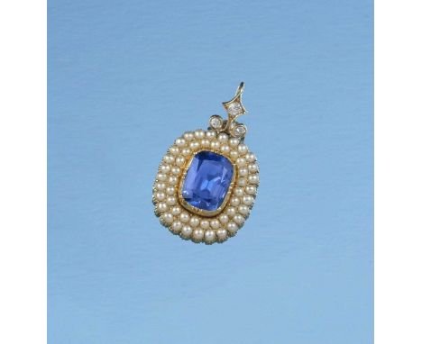 A late 19th century sapphire and half pearl pendant, set with a cushion-shaped sapphire weighing approximately 9.25cts within