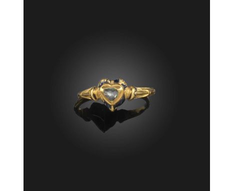 A diamond and enamel ring, 17th century, centring on a heart motif set with a rose-cut diamond, to shoulders carved with foli