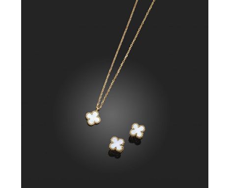 Van Cleef &amp; Arpels, gold and mother of pearl 'Sweet Alhambra' necklace and earrings, the necklace set in yellow gold, on 