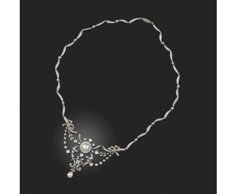 A Belle Epoque natural pearl and diamond necklace, centring on a half pearl within cluster surround of diamonds and diamond-s