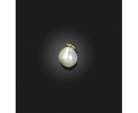 A natural pearl pendant, suspending a natural pearl measuring approximately 8.89 x 8.98 x 10.33mm, from a plain gold bail, le