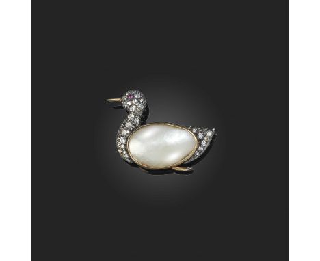A blister pearl and diamond brooch, designed as a duck, its body set with a blister pearl and cushion-shaped, brilliant- and 