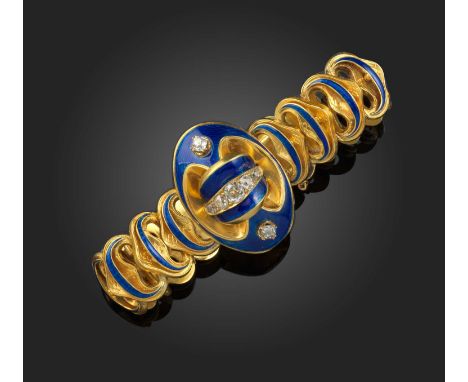 A gold, enamel and diamond bracelet, France, mid 19th century, centring on an abstract buckle motif set with cushion-shaped d