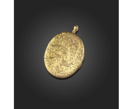 A gold and enamel locket pendant, late 19th century, the oval locket intricately engraved with an elaborate monogram and abst