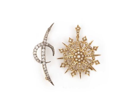 A diamond brooch and a seed pearl pendant, circa 1900, comprising: a brooch designed as two entwined crescent motifs set with