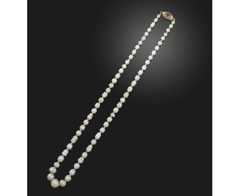 A natural and cultured pearl necklace, composed of graduated pearls measuring approximately 3.8 - 10.0mm diameter, to a 9ct g