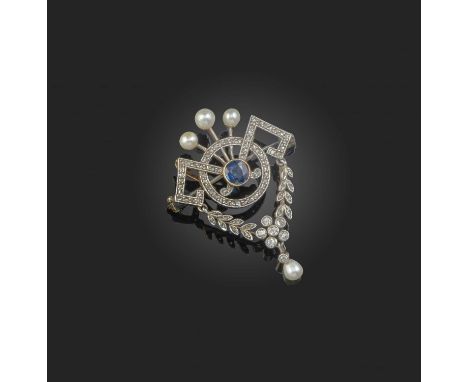 An Edwardian sapphire, pearl and diamond brooch, circa 1910, of abstract geometric design, suspending an articulated floral f