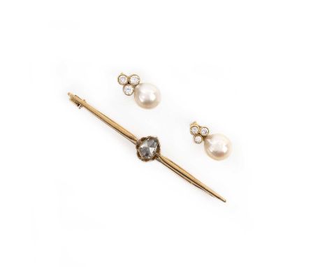A diamond brooch and pair of cultured pearl and diamond earrings, comprising: a brooch of bar design, centring on a rose-cut 