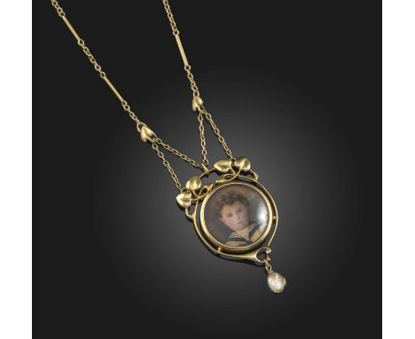 Murrle Bennett &amp; Co., an Arts and Crafts gold and pearl locket necklace, circa 1900, the pendant set with a circular glaz