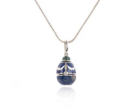 Fabergé, a modern enamel and diamond pendant, designed as an egg applied with blue and green guilloché enamel, set with a bri