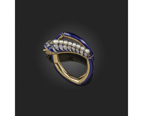 An enamel and diamond snake bangle, the stylised serpent set with demantoid garnet eyes, with diamond-set head and tongue and