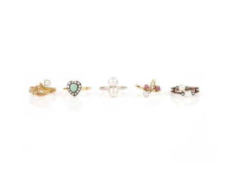 Five gem-set and diamond rings, early 20th century and later, comprising: an Art Nouveau ring designed as a flower, set with 