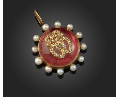 A diamond, pearl and glass locket pendant, late 19th century, of circular outline, centring on a pair of conjoined hearts cro