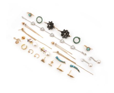 A collection of gem-set and diamond jewels, comprising: a pair of floral earrings in blackened gold set with brilliant- and s