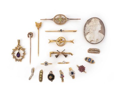 A collection of jewellery, comprising: a ruby, sapphire and diamond ring accented with seed pearls; a blue paste and diamond 