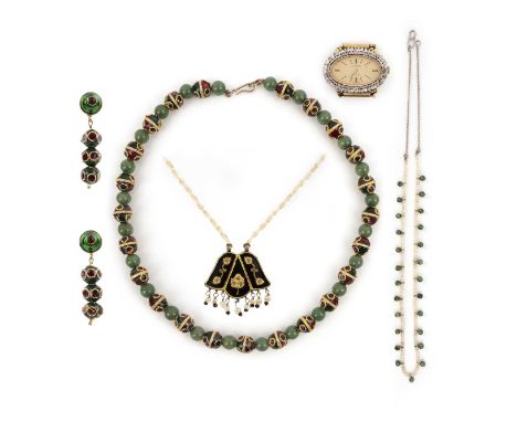 A suite of Indian jewels and a wristwatch, comprising: a necklace of crackle-dyed quartz and enamel linking with rope-twist d
