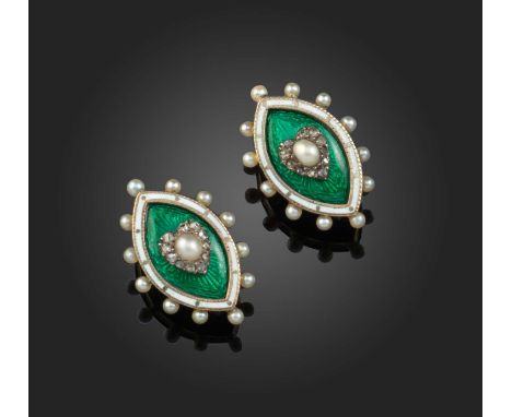 A pair of enamel, pearl and diamond earrings, early 20th century and later, each of navette-shaped outline, each applied with