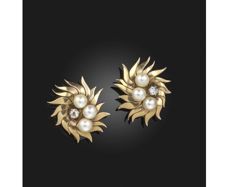 A pair of cultured pearl and diamond-set gold earrings, within gold sunburst design, clip fittings, length 3cmProvenance: fro