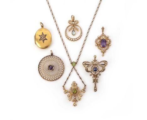 A group of gold and gem-set jewels, early 20th century, comprising: a gold locket pendant, decorated with a star motif in blu