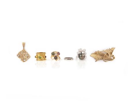 A collection of jewels, comprising: a ring of floral crossover design, set with brilliant-cut diamonds and a black cultured p