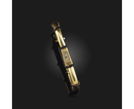 Cartier, an Art Deco 18ct gold and black enamel 'Baguette' wrist watch, circa 1936, the rectangular dial with black indicator