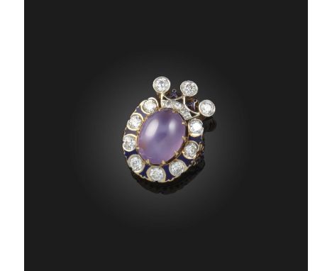 A star sapphire, enamel and diamond ring, claw-set with a cabochon oval star sapphire of violet tint weighing 12.15 carats, t