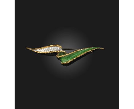 Boucheron, an enamel and diamond brooch, mid 20th century, of twisted design, pavé-set with brilliant-cut diamonds and applie