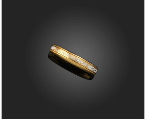 A late 18th century white enamel mourning ring, with inscription in gold lettering for J.C.Mileman OB 7 May 1788 AE 4Ys 2 Mo,