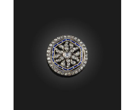 A George III enamel and diamond brooch, late 18th/early 19th century, of circular outline centring on a floral motif, set wit
