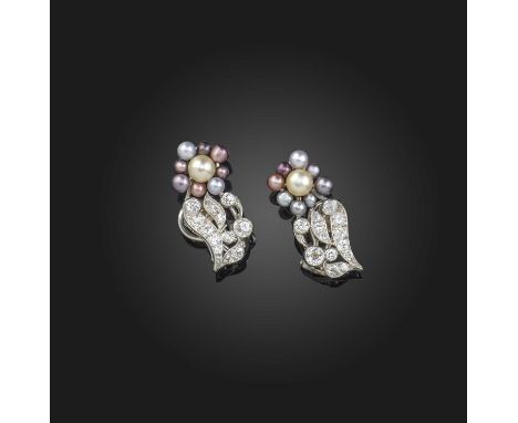 A pair of pearl and diamond earrings, early 20th century and later, each designed as a flower, set with pearls of various tin