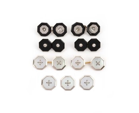 Three pairs of cufflinks, early 20th century, comprising: two pairs of onyx and diamond cufflinks, each end of octagonal outl