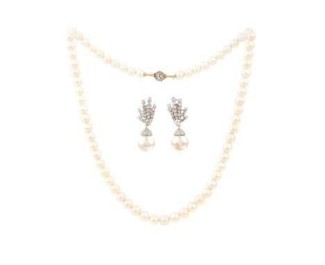 A pair of cultured pearl and diamond ear clips and necklace, the ear clips each composed of a surmount of sunburst design set