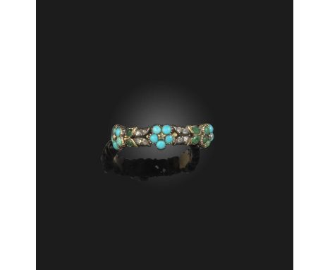 A rare late Georgian turquoise, emerald and diamond ring, 1830s, the front designed as a wreath of forget-me-nots, set with t