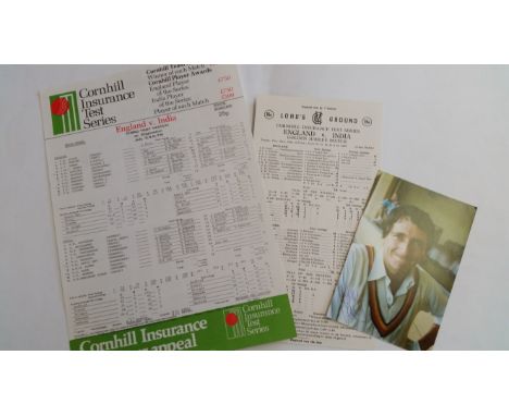 CRICKET, selection from 1982 England v India, inc. Lords (3), scorecard (fully printed), signed photos by Derek Randall (126 