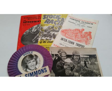 SPEEDWAY, selection, inc. programmes, 1960s (2), rosette for M. Simmons (Poole); photos (4), Aub Lawson (1949), Charlie May, 