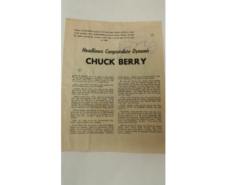 POP MUSIC, signed page removed from programme by Chuck Berry, with smiley face sketch, magazine issued 1958, G