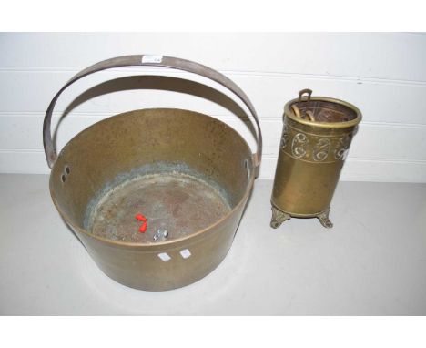 Brass preserving pan and a quantity of assorted fire tools